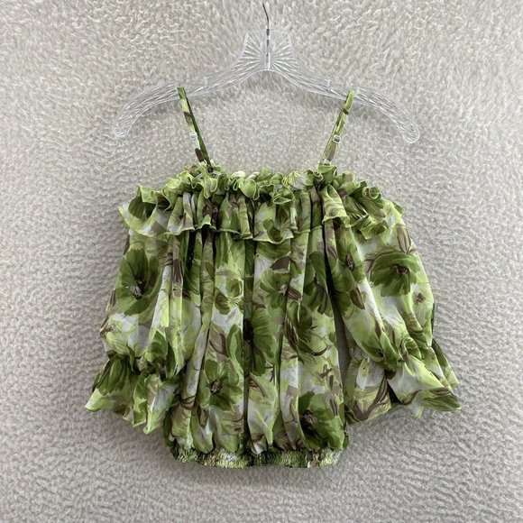Haas Green Tropical Floral Mesh Ruffle Cold Shoulder Top Womens M Medium - Picture 2 of 9